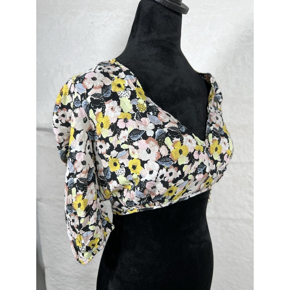 Vici Women's Large Cropped Baby Doll Top Yellow Pink Floral Y2K Fairy Coquette